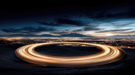 Cityscape at night with a circular light trail.  Possible use stock photo for advertising or design