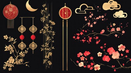 Asia elements. Chinese festive decor gold floral patterns and ornament, lanterns, clouds and moon, flowers sakura branch oriental vector set. Japanese decoration symbols as bamboo and branches
