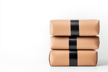 Stack of Three Brown Paper Wrapped Parcels with Black Ribbon on White Background