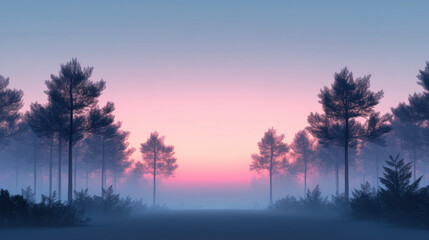 Fototapeta premium serene landscape with misty forest at sunrise, featuring tall trees silhouetted against pink and blue sky, creating tranquil atmosphere
