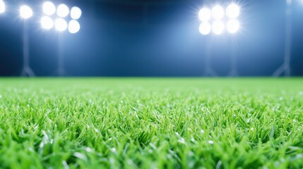 Fototapeta premium A field of green grass with lights shining on it, sport stadium lawn with copy space.