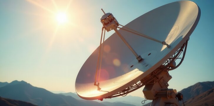 Close-up view of satellite dish reflecting sunlight , technical, cosmic