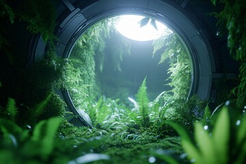 Futuristic circular window view into lush green jungle environment. Sci-fi portal to nature. Spaceship or underwater observatory concept with tropical plants and ferns