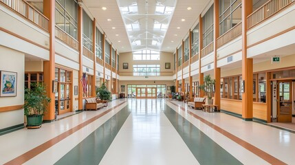 Bright Spacious Hallway with Wooden Accents and Stone Floor