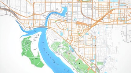 Fototapeta premium Detailed City Map with River and Green Spaces
