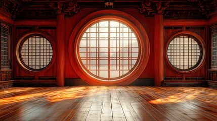 Sunrise through Asian circular windows, interior design