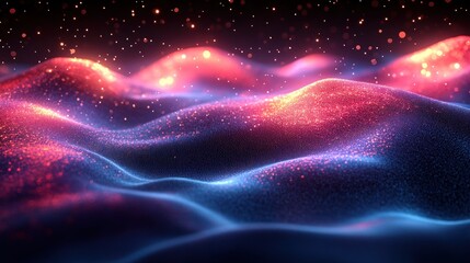 Obraz premium Abstract digital landscape, glowing particles, night sky background, futuristic