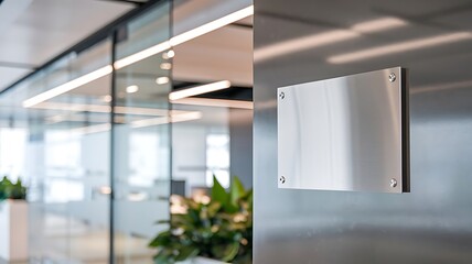 Name plate design mockup handing on door, 3d render. Door sign mock up template on entry in cabinet. Office hall interior with nameplate on door