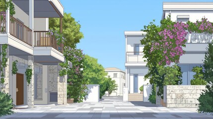 Sunny Day in a Mediterranean Village: White Houses, Pink Flowers, and Stone Pathways