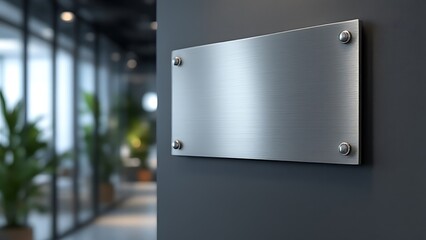 Name plate design mockup handing on door, 3d render. Door sign mock up template on entry in cabinet. Office hall interior with nameplate on door