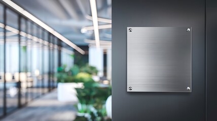 Name plate design mockup handing on door, 3d render. Door sign mock up template on entry in cabinet. Office hall interior with nameplate on door