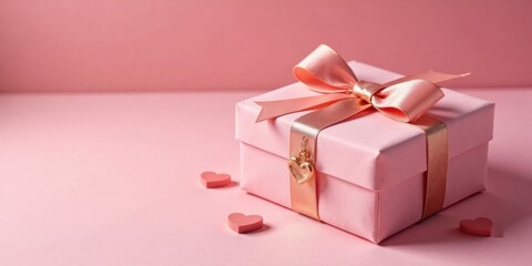 A Delicate Pink Gift Box with a Rose Gold Bow and Heart Charm on a Matching Background