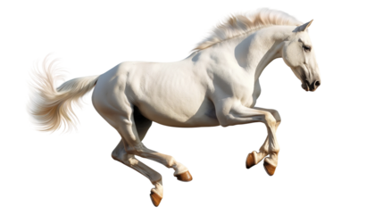 A horse with a long mane and tail is running isolated on white or transparent background, png clipart, design element. Easy to place object on any other background.
