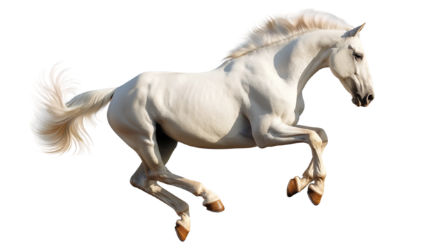 A horse with a long mane and tail is running isolated on white or transparent background, png clipart, design element. Easy to place object on any other background.