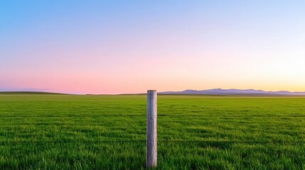 Fototapeta premium Tranquil Green Field With Wooden Fence Under Clear Sky During Golden Sunset