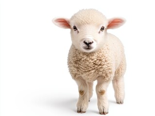 Fototapeta premium A cute, fluffy lamb stands against a white background, showcasing its soft wool and curious expression.