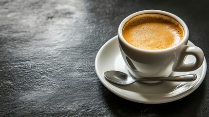 Espresso Coffee in a White Cup on a Dark Table. Perfect Morning Drink for a Coffee Break. Enjoy the Aroma and Taste of Freshly Brewed Coffee.