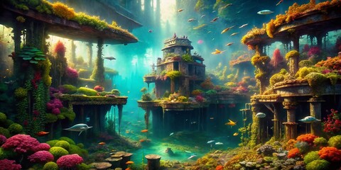 Obraz premium Eerie Underwater Ruins: Sunken Cityscape with Aquatic Plants and Debris