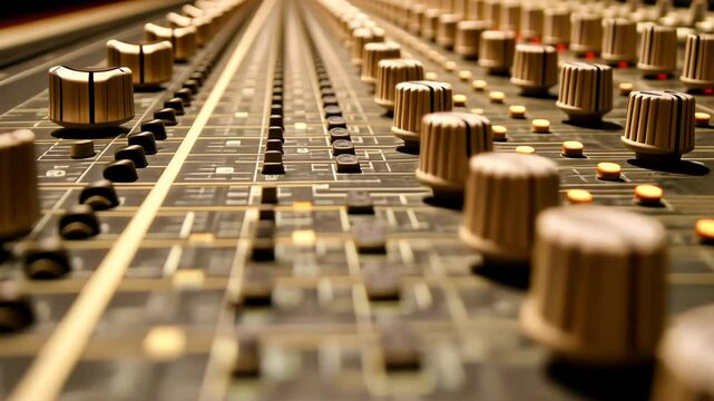 Audio mixing console faders and knobs in studio, perspective view, illuminated background