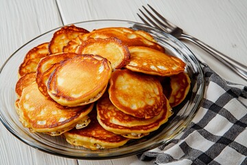 Delightful breakfast pancakes arranged on a glass plate for a cozy morning feast