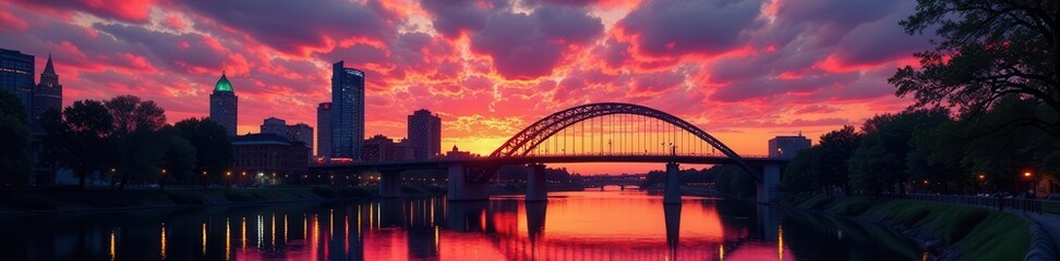 Naklejka premium Dramatic Minneapolis dusk; Stone Arch Bridge silhouette against vibrant sky , river, sunset, evening