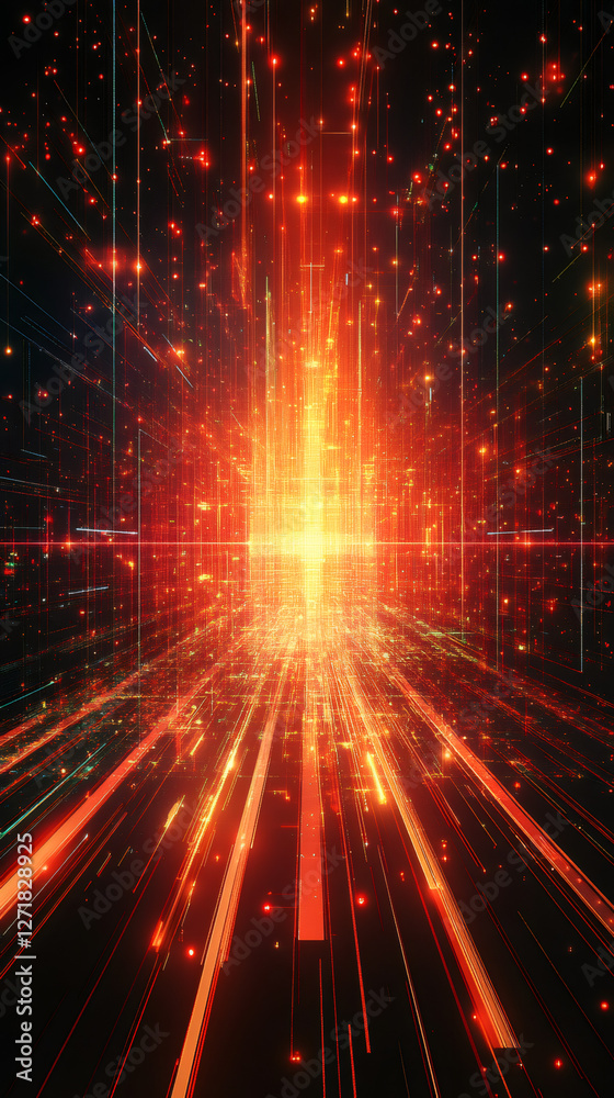Aufkleber Bright orange and red lights creating an abstract futuristic cyberspace with data stream flowing through digital network