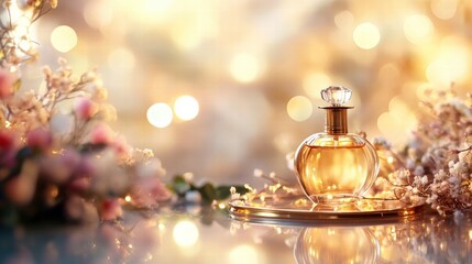 Elegant perfume bottle surrounded by delicate flowers and warm light during a romantic evening. Generative AI