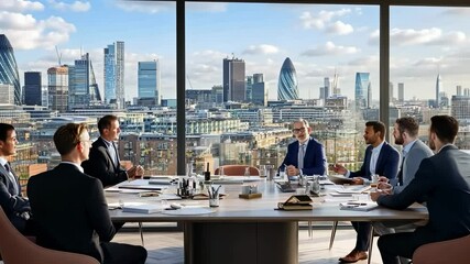 Business meeting in London high-rise office overlooking city skyline - Powered by Adobe