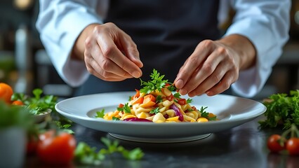 Gourmet dish being prepared in a high-end restaurant kitchen