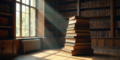 Obraz premium Sunlit Study A Stack of Antique Books in a Classic Library Setting