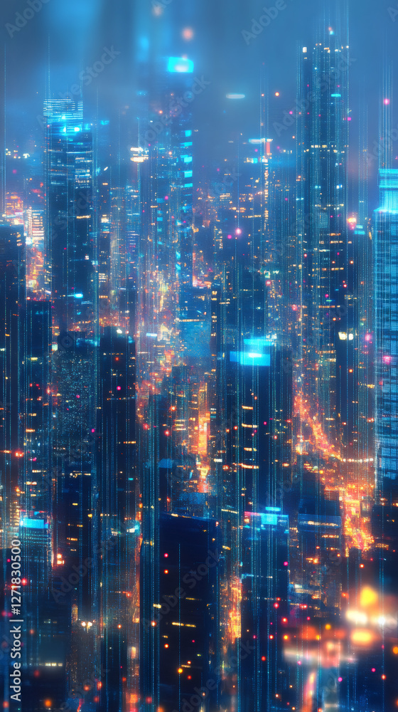 Leinwandbilder digital networking connecting sleek skyscrapers, glowing with data transmission representing urban t