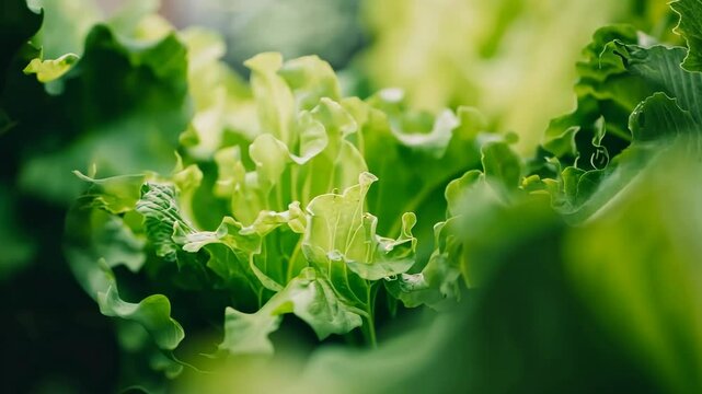 Greens grow in a plantation. Organic Salad Leaves Growing. Butterhead Salad Lettuce. Agricultural Farming. Fresh vegetable. Healthy food. Green Edible foliage. Fresh Vegetable backdrop. Veggies macro