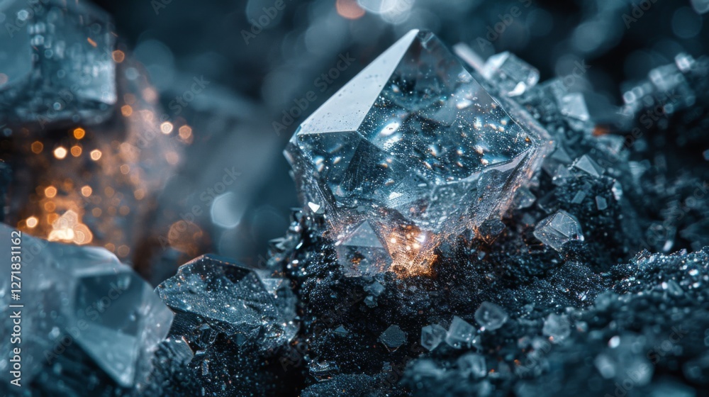Fototapete Intricate crystals lie scattered on a dark mineral bed, reflecting light with their sharp edges and vibrant facets in a mesmerizing display of natural beauty