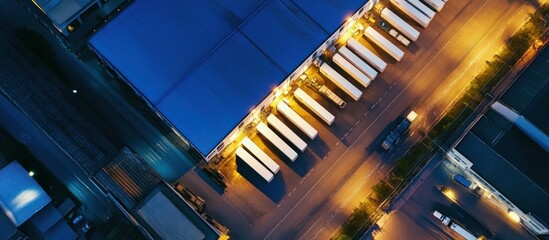 Obraz premium Aerial view of distribution warehouse with parked trailers at night