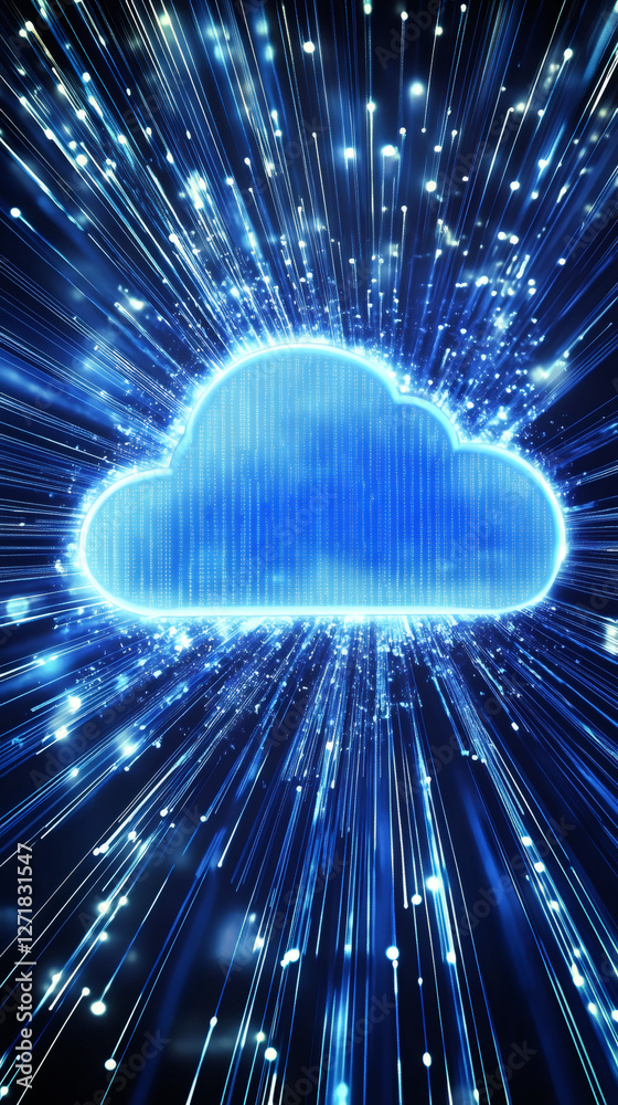 Aufkleber Fiber optic cables transferring data to cloud computing storage with binary code creating futuristic technology background