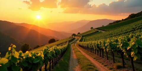 Fototapeta premium Golden Hour Vineyard Pathway Serene Sunset over Rolling Hills and Lush Grapevines