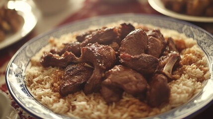 Lamb, rice, feast, table, Middle Eastern, sunlight, delicious, food, platter, home