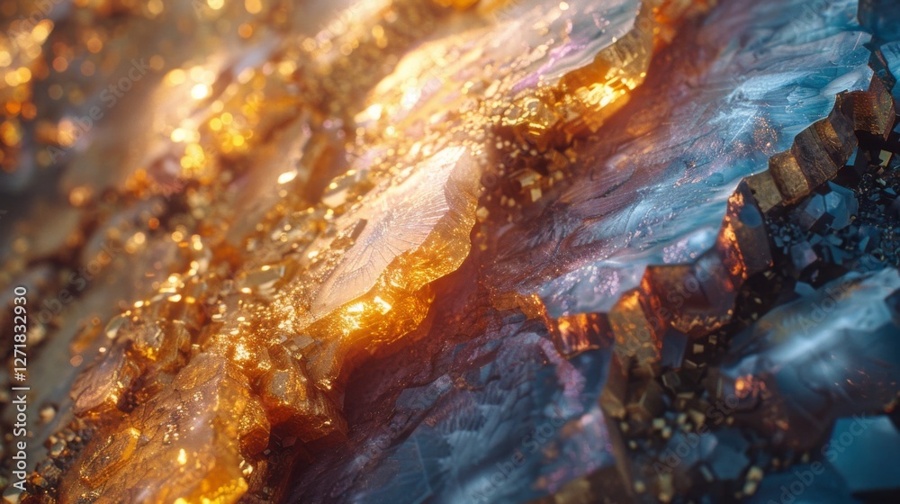 Aufkleber A vibrant arrangement of mineral formations displays a stunning interplay of light and texture, highlighting golden hues and intricate patterns in a natural setting.