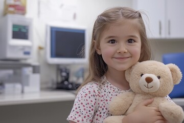 A cute little girl smiles brightly while holding her favorite teddy bear, in hospital
