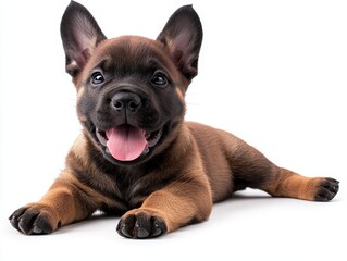 Obraz premium A playful puppy lies comfortably, showcasing its shiny coat and joyful expression, radiating happiness and charm.