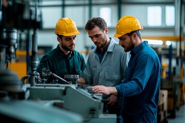 Workers collaborating on a manufacturing project in a modern workshop setting