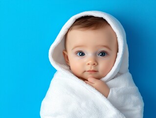 A cute baby wrapped in a fluffy white towel, gazing innocently at the camera against a vibrant blue background.
