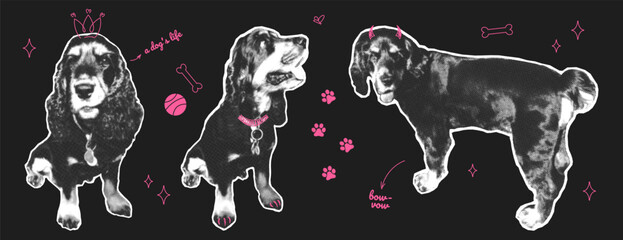 Set of dogs in a halftone style with torn paper. Collage elements with doodles. Abstract pet dogs with scribbles. Vector