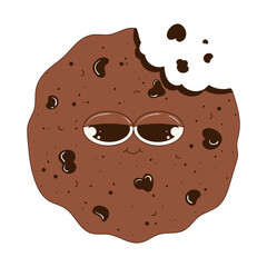 Sweet cookie character with eyes. Chocolate cookie in groovy style. National Dessert Day. Pastries, sweets, dessert. Vector funny cookie with eyes and a smile