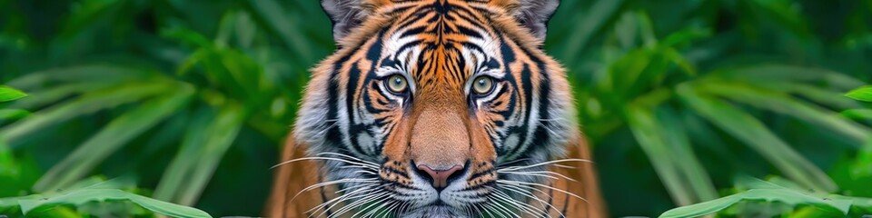 Fototapeta premium A tiger is surrounded by green foliage is looking at the camera. Wide panoramic banner with copy space.