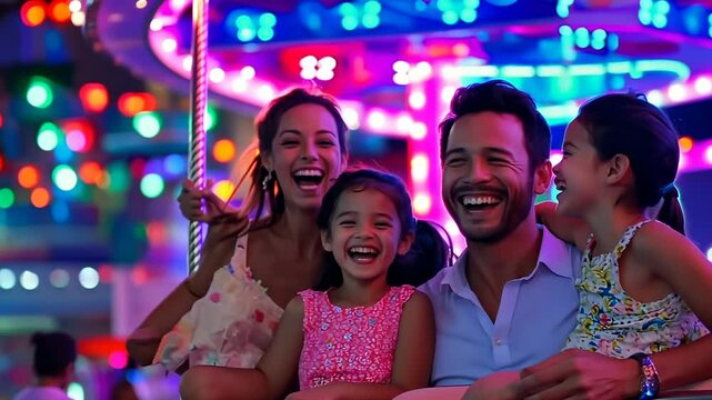 Happy family laughing on carousel ride at amusement park with colorful lights