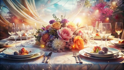 Elegant Double Exposure: Fine Dining Place Setting & Blooming Flowers