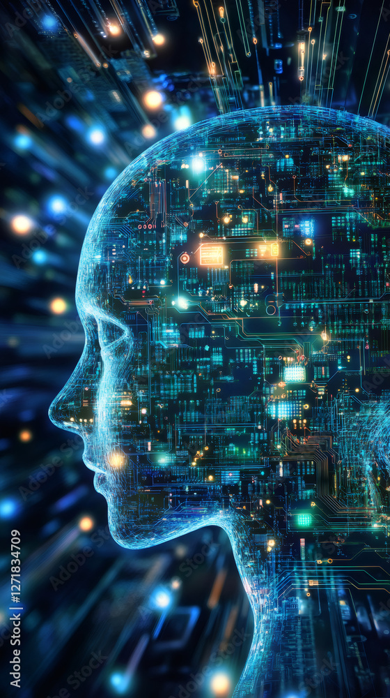 Aufkleber Artificial intelligence forming a digital human face with circuit board and data flow, representing machine learning, deep learning and neural network