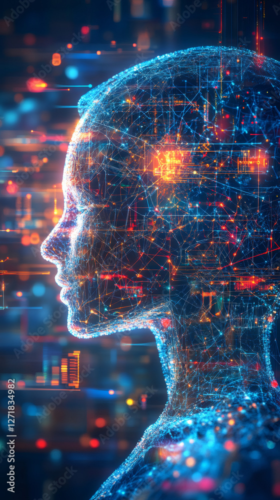 Aufkleber Digital human face forming from network connections, symbolizing artificial intelligence processing data in cyberspace