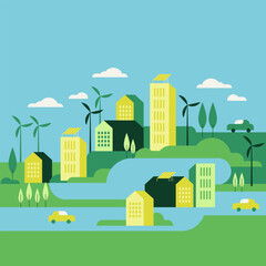 Vector flat illustration eco city landscape with green hills, lake, trees, solar panels and wind turbines. Modern city with eco energy
